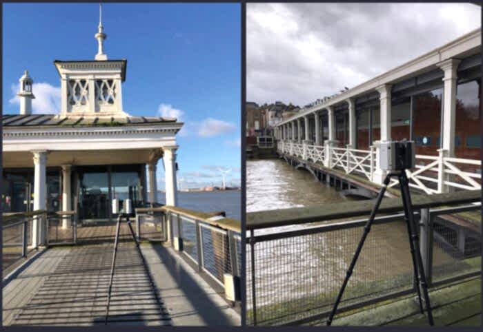 Image of Gravesend Tower Pier alongside image of equipment for 3d laser scanning